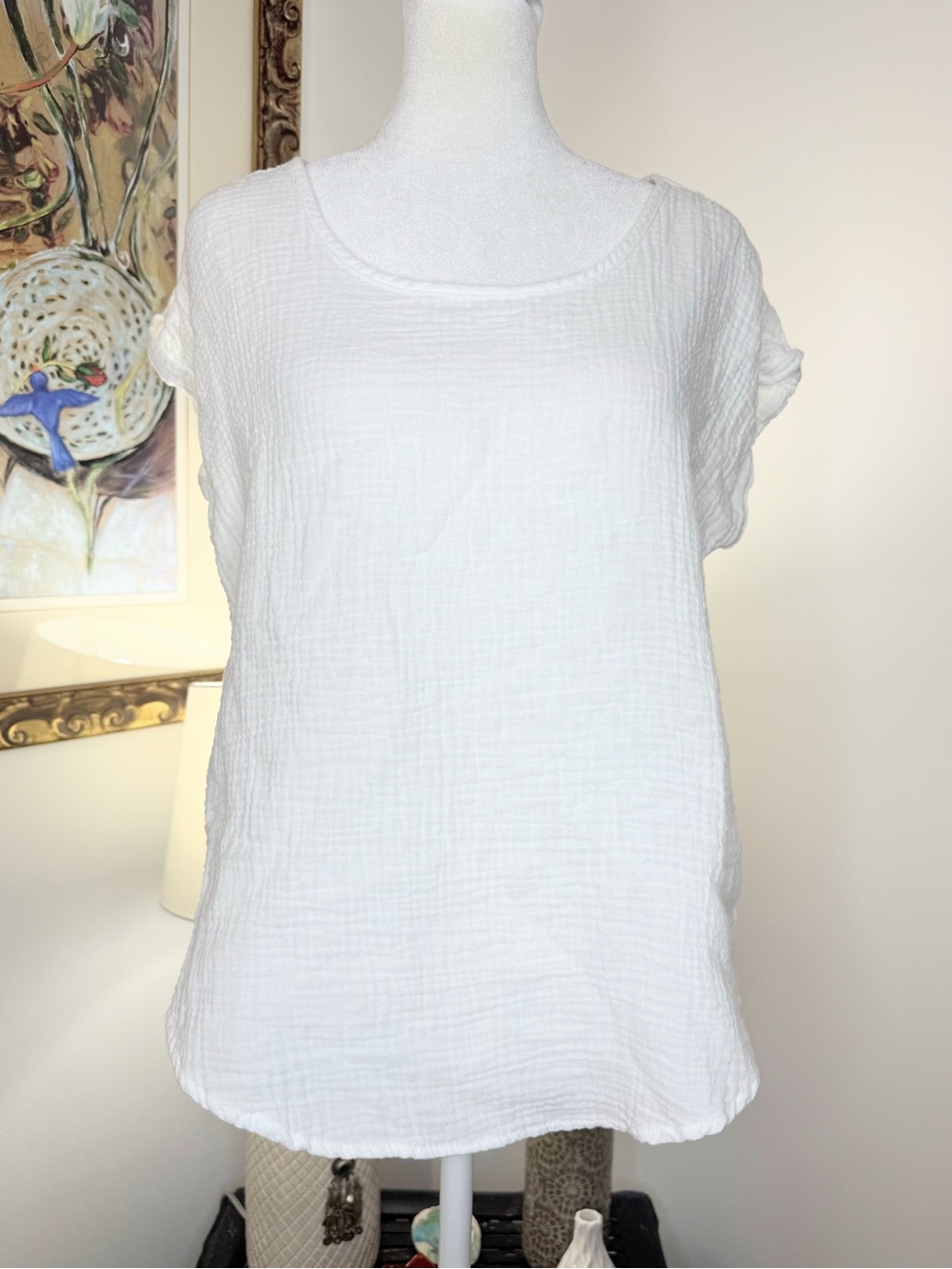 Olive & Oak M White Cotton Gauze Blouse Top Coastal Boho Oversized Hi Low